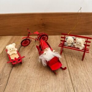 VTG Lot 4 Red Metal Christmas Ornaments Flocked Teddy Bears Sled Bench Bike Avon